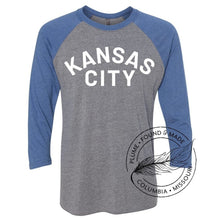 Load image into Gallery viewer, Plume Raglan 3/4 Sleeve Tee Kansas City (Royal & Gray)