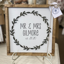 Load image into Gallery viewer, &quot;Mr &amp; Mrs&quot; Personalized Handmade Wooden Sign Framed 12x12 (Allow 2 Weeks, Local Pick-up Only))
