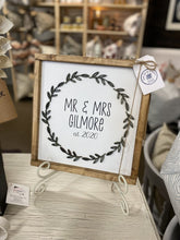 Load image into Gallery viewer, &quot;Mr &amp; Mrs&quot; Personalized Handmade Wooden Sign Framed 12x12 (Allow 2 Weeks, Local Pick-up Only))
